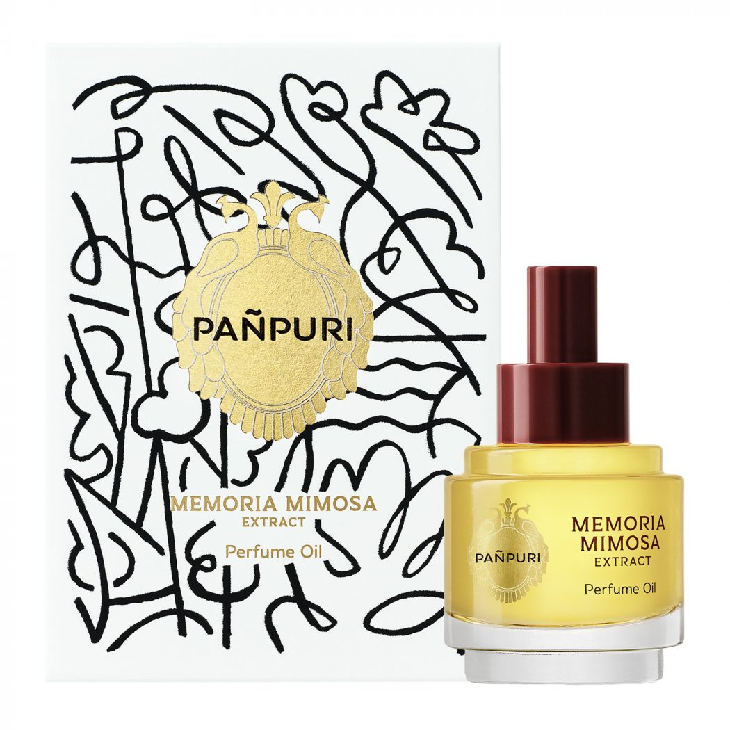 PAÑPURIのエクストラクト パフュームオイル〈メモリアミモザ〉。春の光を思わせるやさしいミモザの香りが広がる、甘くパウダリーなパフュームオイル。