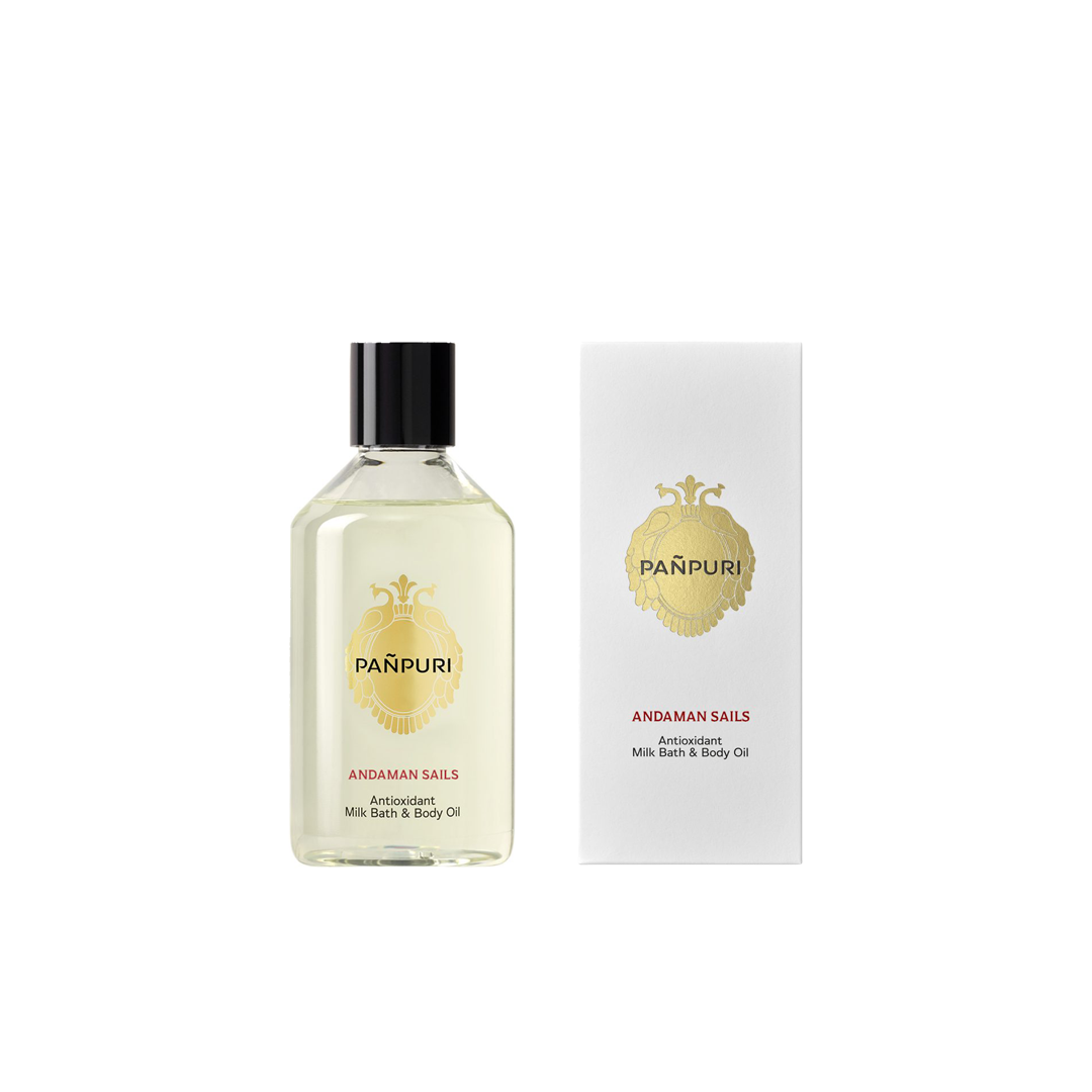 PAÑPURI ミルクバス＆ボディオイル アンダマンセイルズ。ベルガモットとグリーンティーの香りが広がる、植物由来成分配合のマルチオイル。